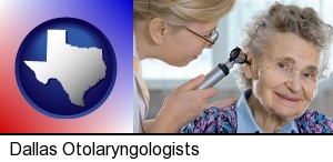 Dallas, Texas - a otolaryngologist examining the ear of a patient