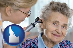 id map icon and a otolaryngologist examining the ear of a patient