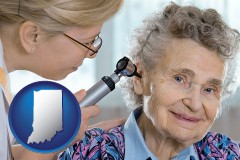 in map icon and a otolaryngologist examining the ear of a patient