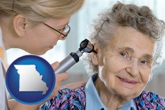 missouri map icon and a otolaryngologist examining the ear of a patient