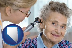 nv map icon and a otolaryngologist examining the ear of a patient