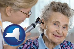 ny map icon and a otolaryngologist examining the ear of a patient