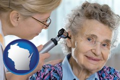 wisconsin map icon and a otolaryngologist examining the ear of a patient