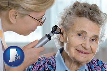 a otolaryngologist examining the ear of a patient - with Rhode Island icon